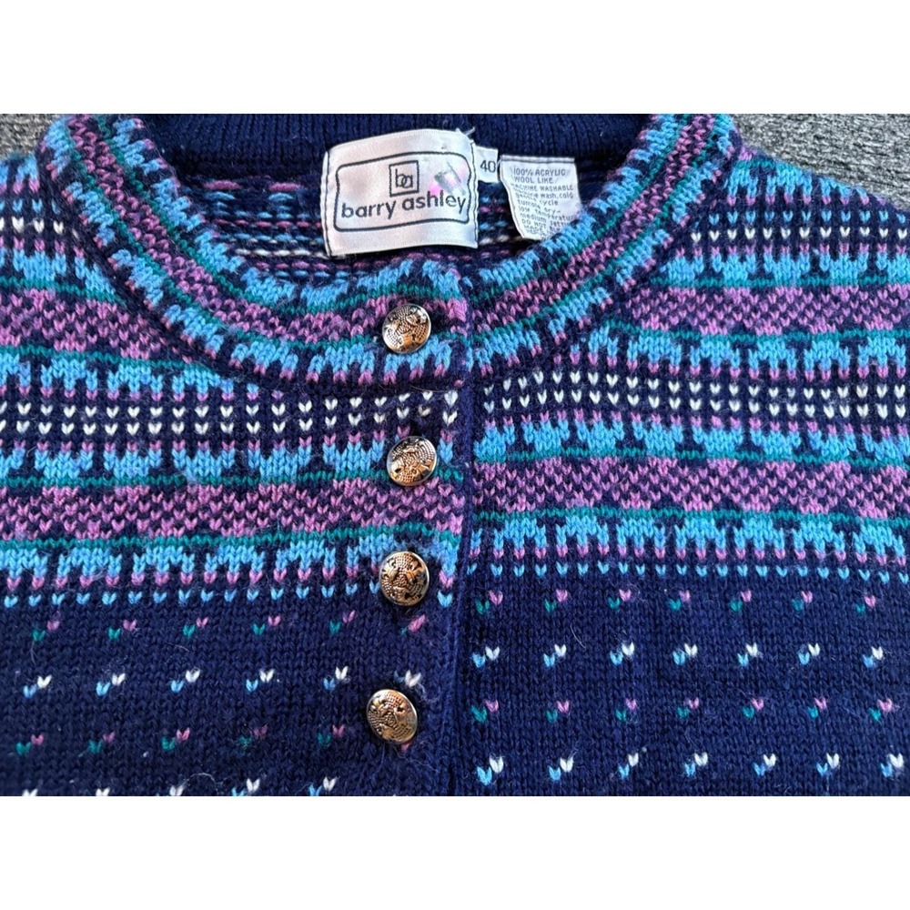 Barry Ashley Vintage Fair Isle Knit Sweater Navy Blue Silver Button Yoke 40